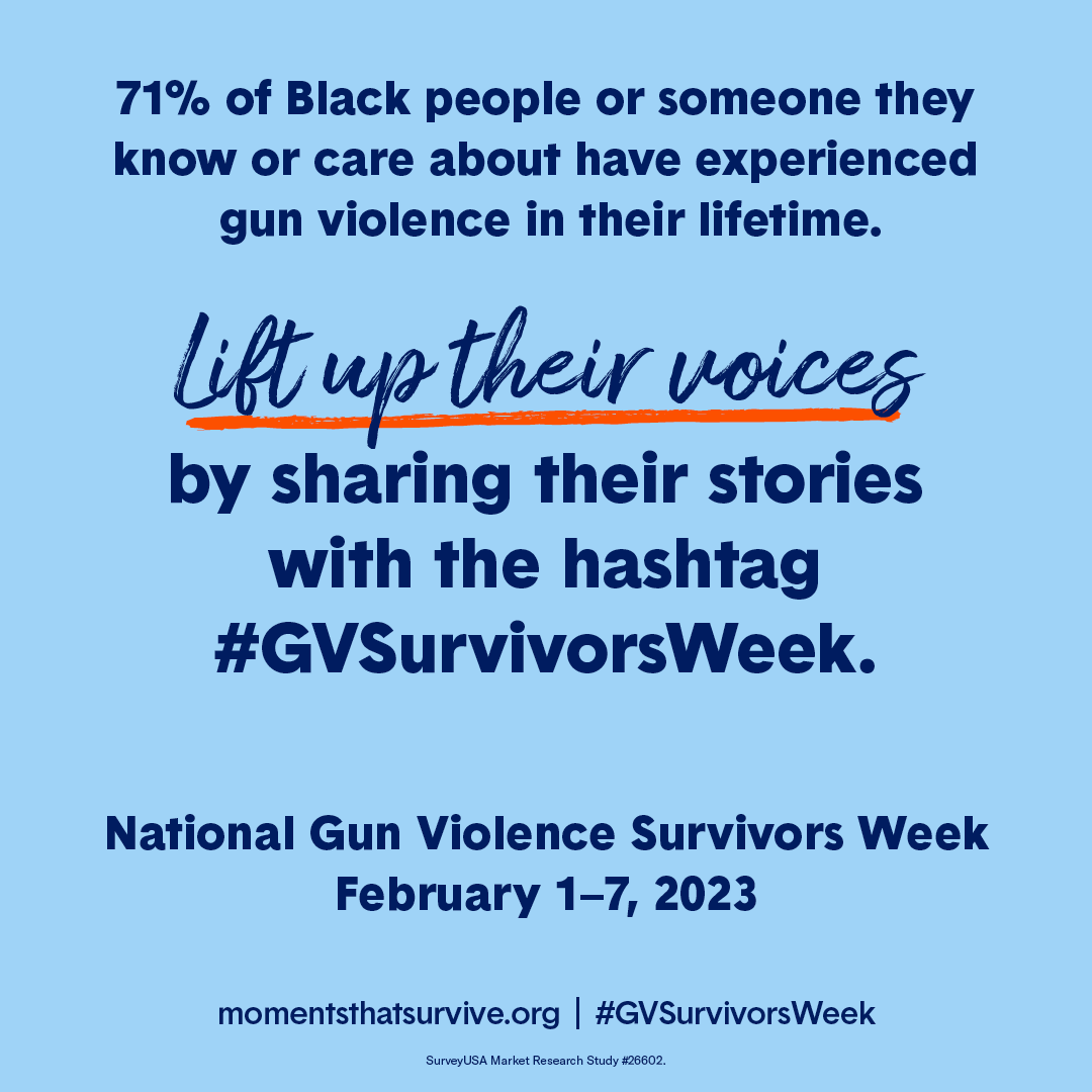 71% of Black people or someone they know or care about have experienced gun violence in their lifetime. Lift up their voices by sharing their stories with the hashtag #GVSurvivorsWeek. National Gun Violence Survivors Week, February 1-7, 2023